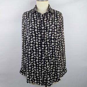 ANNA KAY Button Front Shirt Long Sleeves Dove Silhouette Print Black Off White L